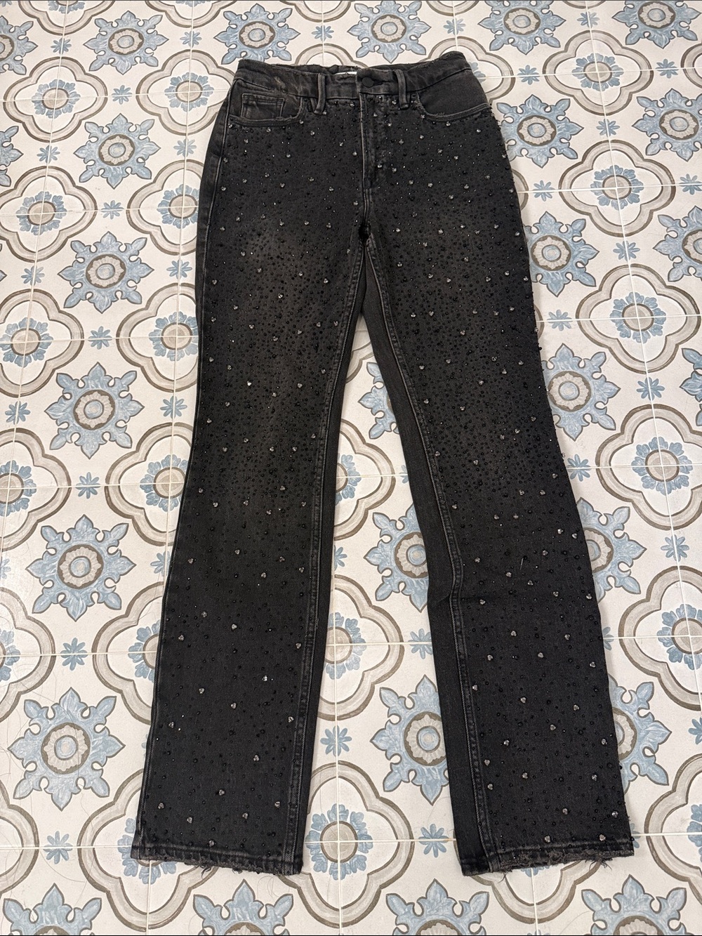 Good American Black Straight-Leg Jeans with Crystal Embellishments - Size 0